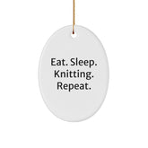 Knitting Enthusiasts' Delight, Gifts from Friends and Family, Oval Ornament Eat. Sleep. Knitting. Repeat., Christmas Unique Gifts - Image 1